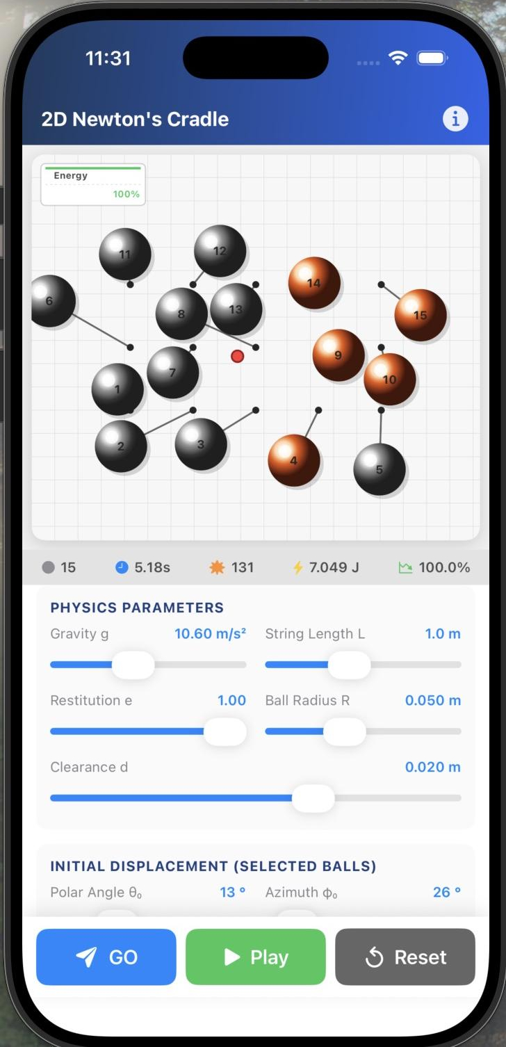 2D Newton's Cradle app running on iPhone